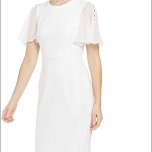 Calvin Klein Women's Button Chiffon Flutter Sleeve Sheath Dress Midi Knee White